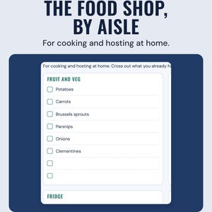 The food shop checklist grouped by aisle, starting with fruit and veg such as potatoes, carrots and sprouts, under the headline The food shop, by aisle.