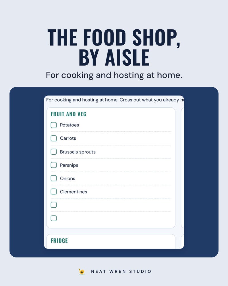The food shop checklist grouped by aisle, starting with fruit and veg such as potatoes, carrots and sprouts, under the headline The food shop, by aisle.