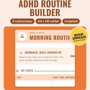 ADHD Routine Planner Printable: main listing photo showing the product with an 'Instant download' badge. Digital product from Neat Wren Studio.