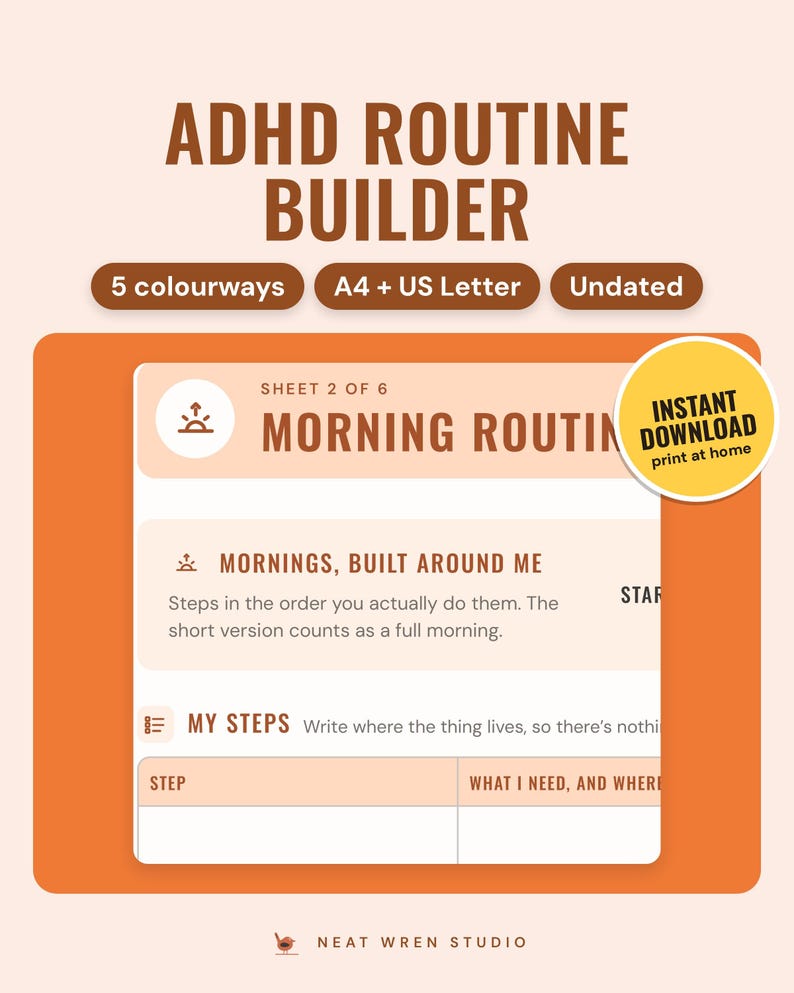 ADHD Routine Planner Printable: main listing photo showing the product with an 'Instant download' badge. Digital product from Neat Wren Studio.