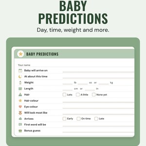 A baby predictions card in Sage with lines for arrival day, time, weight in lb and oz or kg, length, hair, eye colour and a bonus guess.