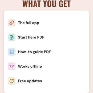A white card under the headline What you get: the full app, a Start here PDF, a how-to guide PDF, works offline and free updates.