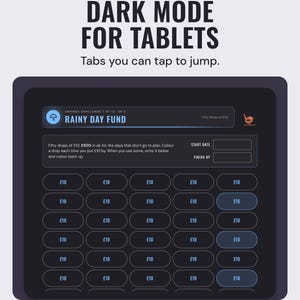 The rainy day fund page in the Dark tablet colourway, with tabs along the bottom to tap between challenges.