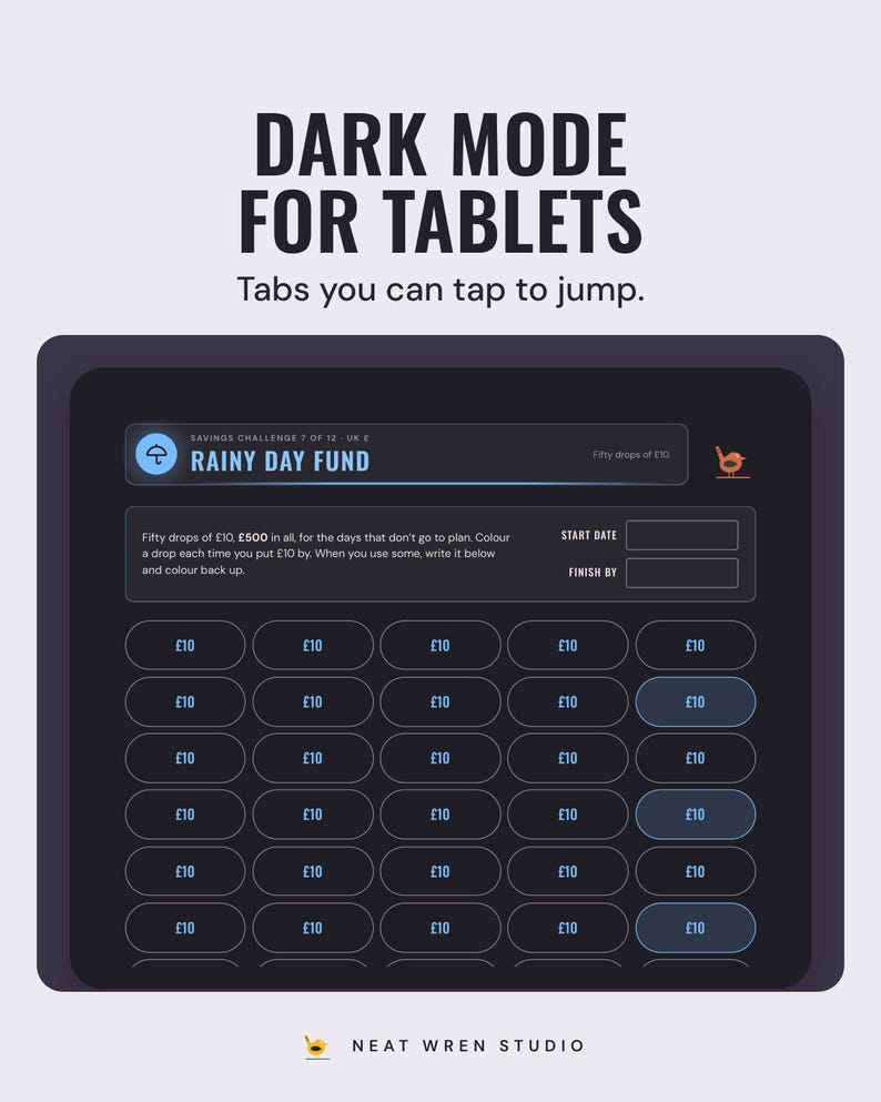 The rainy day fund page in the Dark tablet colourway, with tabs along the bottom to tap between challenges.