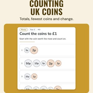 Count the coins to one pound: rows of flat UK coin drawings with a box for each total.