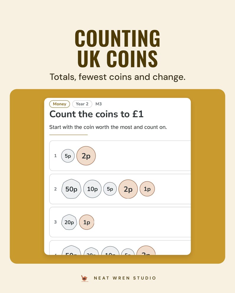 Count the coins to one pound: rows of flat UK coin drawings with a box for each total.