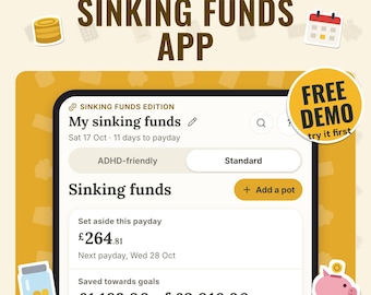 Sinking Funds App | Savings Pots for Annual Bills, Set Aside Each Payday, Christmas and Car Insurance Fund, Works Offline, Free Demo