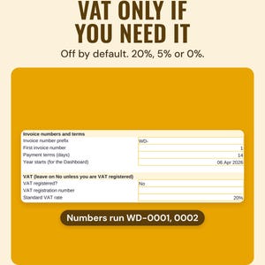 The settings for invoice numbers, payment terms and VAT, left on No by default, under the headline VAT only if you need it, with a note: numbers run WD-0001, 0002.