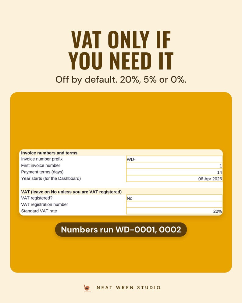 The settings for invoice numbers, payment terms and VAT, left on No by default, under the headline VAT only if you need it, with a note: numbers run WD-0001, 0002.
