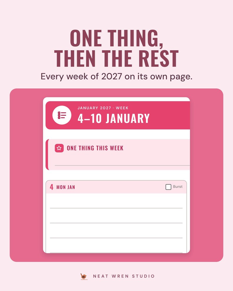 The 4 to 10 January 2027 week page with One thing this week at the top, under the headline One thing, then the rest, and the line Every week of 2027 on its own page.