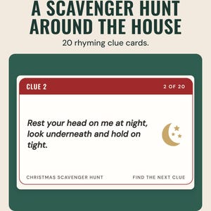 A scavenger hunt clue card, clue 2 of 20, with a rhyming clue about a pillow, under the headline A scavenger hunt around the house, and the line 20 rhyming clue cards.