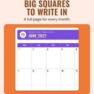 The June 2027 month page with large empty date squares, under the headline Big squares to write in, and the line A full page for every month.
