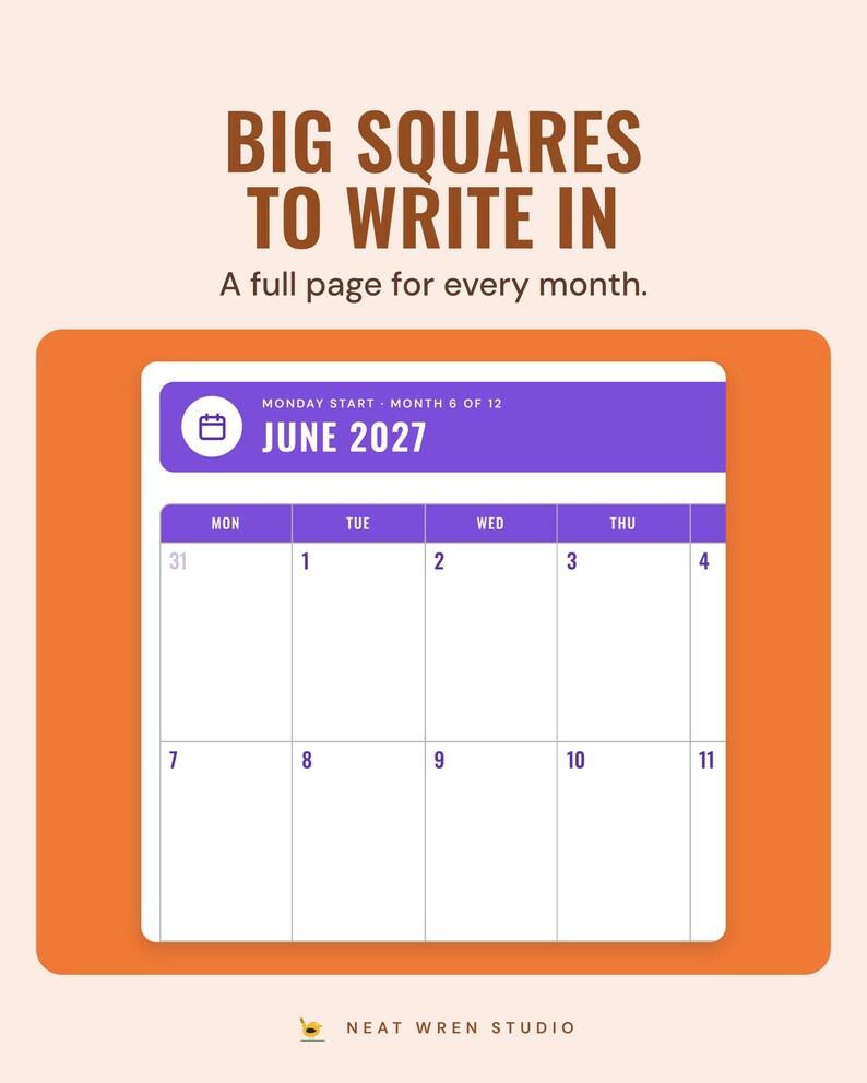 The June 2027 month page with large empty date squares, under the headline Big squares to write in, and the line A full page for every month.