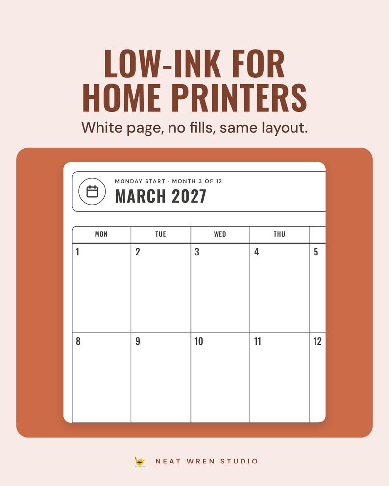 The low-ink March 2027 calendar page in black outlines on white, under the headline Low-ink for home printers, and the line White page, no fills, same layout.