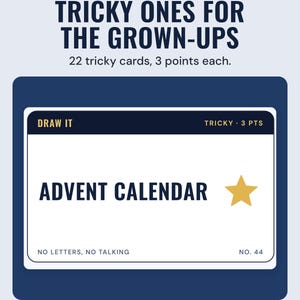 A tricky pictionary card reading Advent calendar, 3 points, under the headline Tricky ones for the grown-ups, and the line 22 tricky cards, 3 points each.