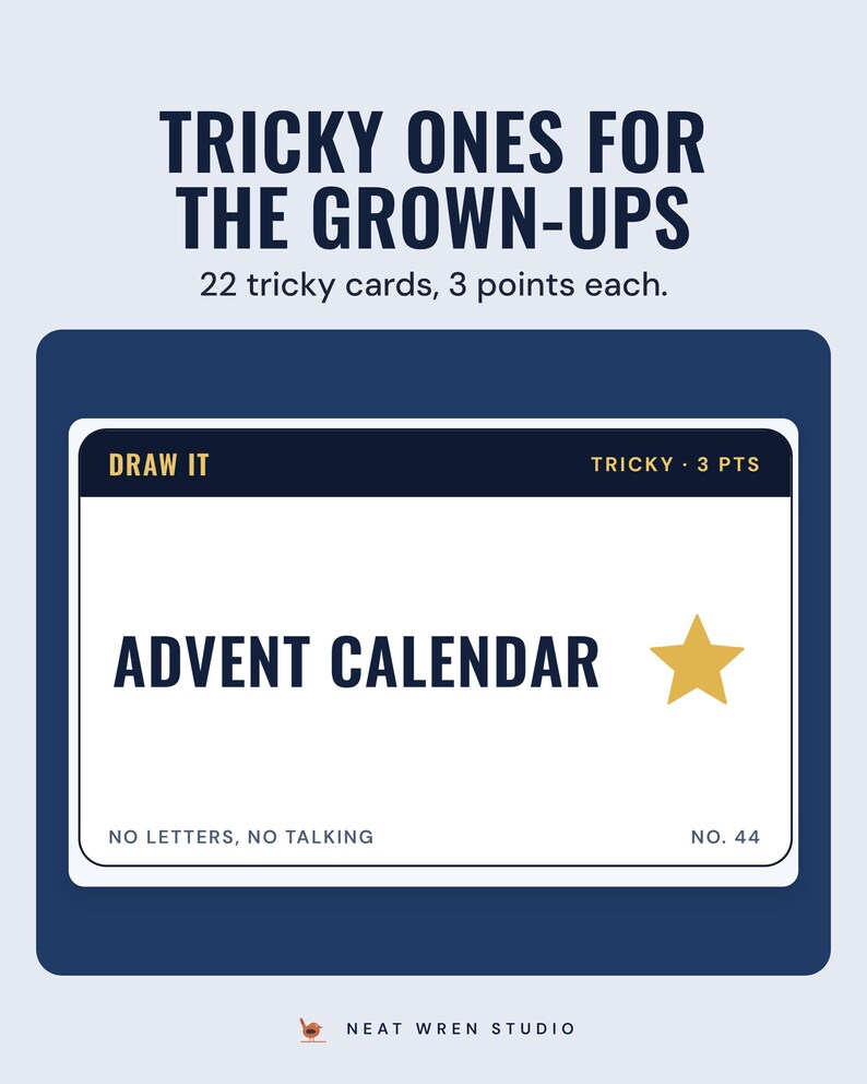 A tricky pictionary card reading Advent calendar, 3 points, under the headline Tricky ones for the grown-ups, and the line 22 tricky cards, 3 points each.