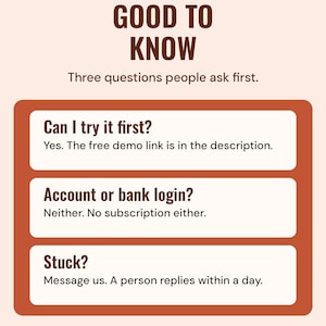 Good to know: try the free demo first, there is no account, bank login or subscription, and a person replies to messages within a day.