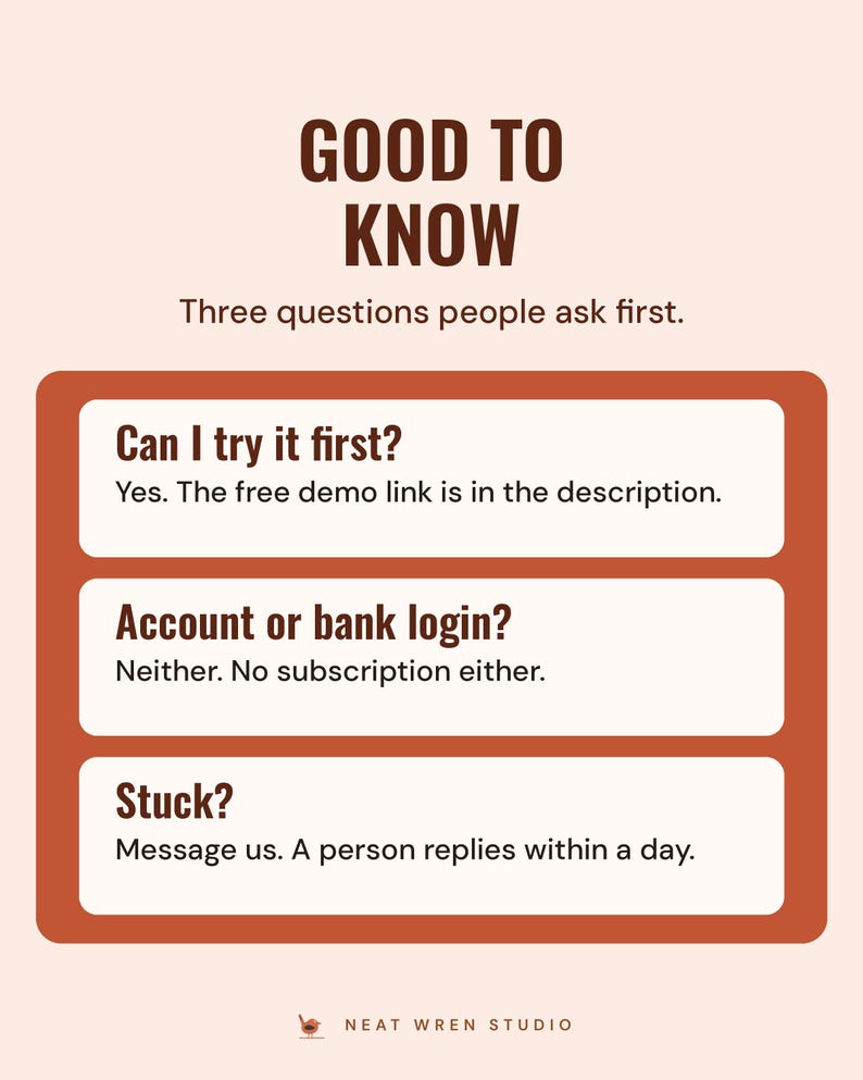 Good to know: try the free demo first, there is no account, bank login or subscription, and a person replies to messages within a day.