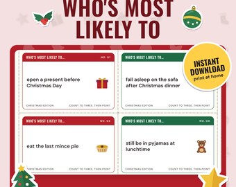 Christmas Most Likely To Game | 56 Printable Question Cards, Family Christmas Party Game, 4 Colourways