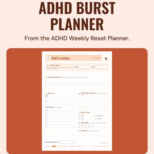 The burst planner sampler page, with a two-day burst, a burst list and a before I start check, under the headline ADHD burst planner, from the ADHD Weekly Reset Planner.