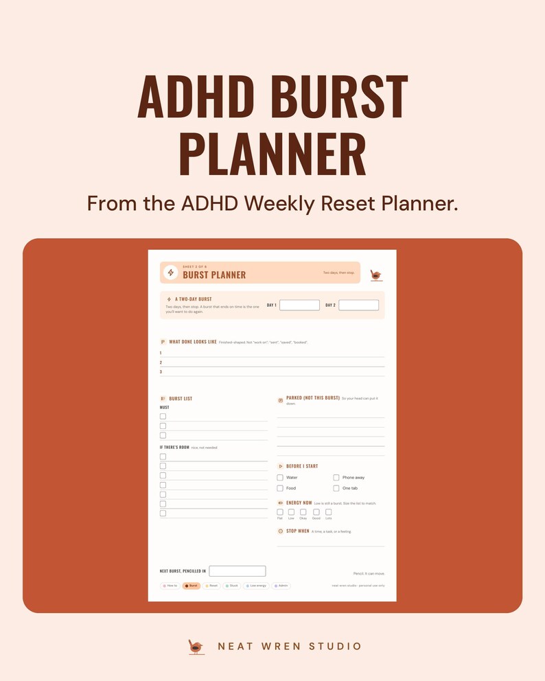 The burst planner sampler page, with a two-day burst, a burst list and a before I start check, under the headline ADHD burst planner, from the ADHD Weekly Reset Planner.