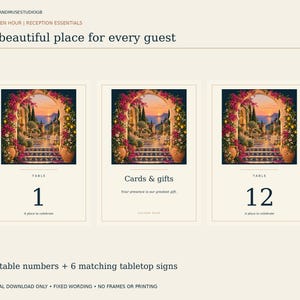 Puede incluir: Un conjunto de 30 números de mesa y 6 letreros de mesa a juego con el texto MOSSANDMUSESTUDIOGB, GOLDEN HOUR | RECEPTION ESSENTIALS, A beautiful place for every guest, TABLE 1, Cards & gifts, TABLE 12, y A place to celebrate.