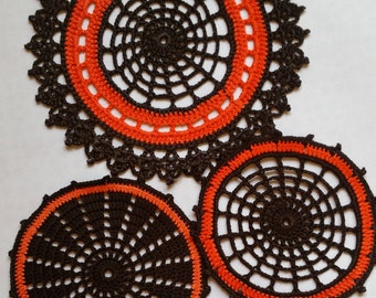 Crochet doilies Black Orange Handmade Crochet Doily Halloween Decor Home Decor Party Decor Set of Three Doilies Spider Web Doilies