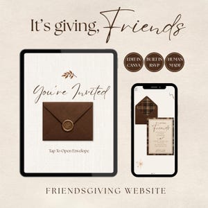 May include: A digital invitation template displayed on a tablet and smartphone screen. The design features a brown envelope with a wax seal, the text It's giving, Friends, You're Invited, and Tap To Open Envelope. Includes circular icons labeled Edit In Canva, Built In RSVP, and Human Made.