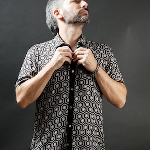 Sleeve Shirt, Mens Black Button Up Shirt, Mens Geometric Print Shirt, Stylish Festival Shirt, Casual Shirt, Bohemian Shirt