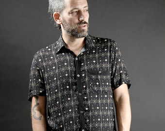 Mens Button Up Shirt: Psy Urban Street Wear, All Over Print Button Up Shirt Short Sleeve Button