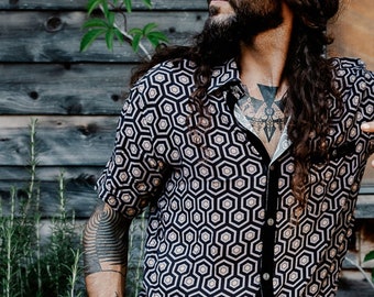 Streetwear Boho Shirt for Men, Short Sleeve Men's Shirt, Festival Hipster Shirt, Casual Geo Print Button Up Shirt, Gift for Boyfriend