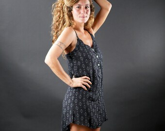 Black Boho Mini Dress: Geometric Print Cotton Rayon dress