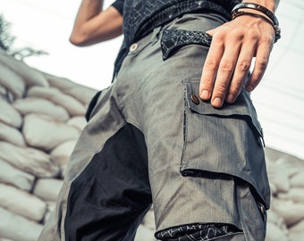 Boho Short Pants Men, Urban Clothing, Gray Drop Crotch Cotton Shorts, Mens Festival Cyberpunk Shorts, Secret Pocket Pants, Gift for Him