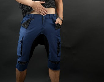 Blue Drop Crotch Cotton Shorts: Urban Streetwear Festival Outfit