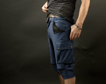 Mens Blue Cotton Harem Shorts: Burning Man Festival Outfit