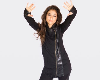 Women's Cyberpunk Zipper Jacket, Urban Hooded Jacket, Black Cotton Jacket For Her, Fall Sweater Jacket, Boho Jacket Coat, Gift for Her
