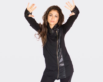 Black Cotton Lycra Cyberpunk Hoodie: Women's Zipper Jacket, Thumb Holes, Asymmetrical Zip, Cozy Winter Comfort