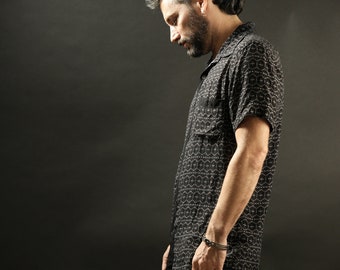 Mens Viscose Button Up Shirt: Black Geometric Print Bohemian Festival Shirt