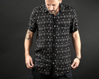 Short Sleeve Shirt, Mens Button Up Shirt, Geometric Print Shirt, Black Button Down Shirt, Stylish Shirt, Festival Shirt