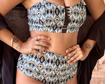 Boho High Waisted Bikini Set, Original Design High Waist Swimwear, 2 Piece Bathing Suit, Festival Chic Bikini Set, Vintage Style Bikini