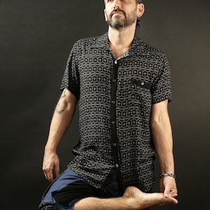 Men&#39;s Viscose Button Down Shirt, Boho Short Sleeve Button Up Shirt, Hippie Geometric Shirt, Vintage Style Shirt, Gift for Boyfriend
