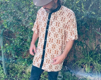 Handmade Button-Up Shirt: Unisex Geo Print Short Sleeve