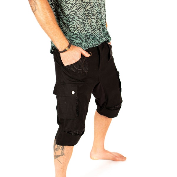 Multi Pockets Mens Black Cargo Shorts, Capri Trousers, Cotton Drop Crotch Pants, Cyberpunk Summer Pants, Casual Shorts, Festival Clothing