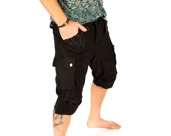 Multi Pockets Mens Black Cargo Shorts, Capri Trousers, Cotton Drop Crotch Pants, Cyberpunk Summer Pants, Casual Shorts, Festival Clothing