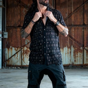 Mens Short Sleeve Button Down Shirt, Viscose Festival Shirt, Boho Urban Streetwear for Him, Hipster Mens Button Up Shirt, Gift for Him