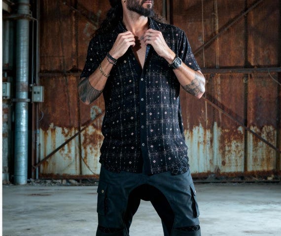 dress shirt streetwear Mens Short Sleeve Button Down Shirt, Viscose Festival Shirt, Boho Urban Streetwear for Him, Hipster Mens Button Up Shirt, Gift for Him