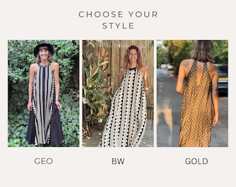 Summer Maxi Dress, Stylish Dress with Pockets, Sleeveless Dress, Lightweight Oversized Geo Print Dress, Gold Print Womens Dress,Gift for Her