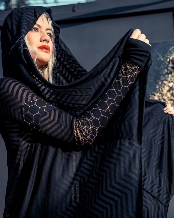 Sheer Black Kimono Cardigan Hooded 
