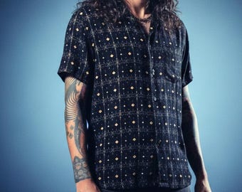 Men’s Geometric Button-Up: Boho Festival Shirt, Alternative Streetwear, Burning Man Outfit