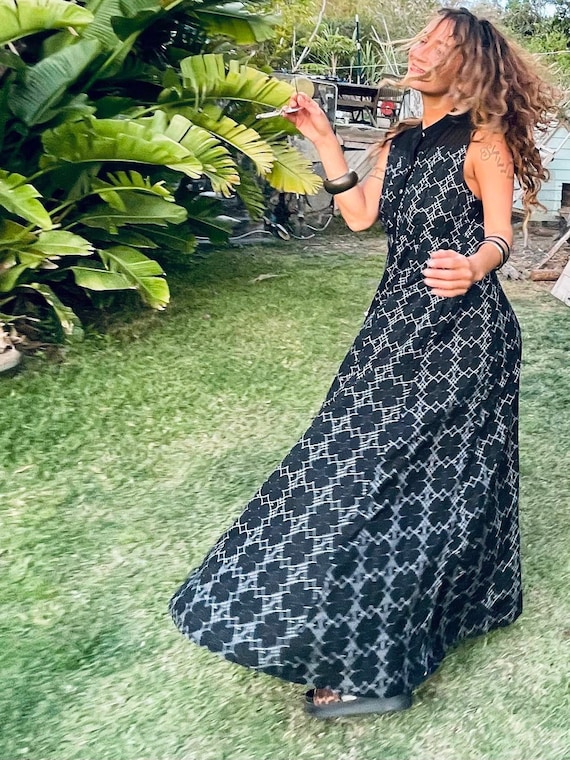 Black Boho Maxi Dress: Cotton Rayon Silver Button Dress